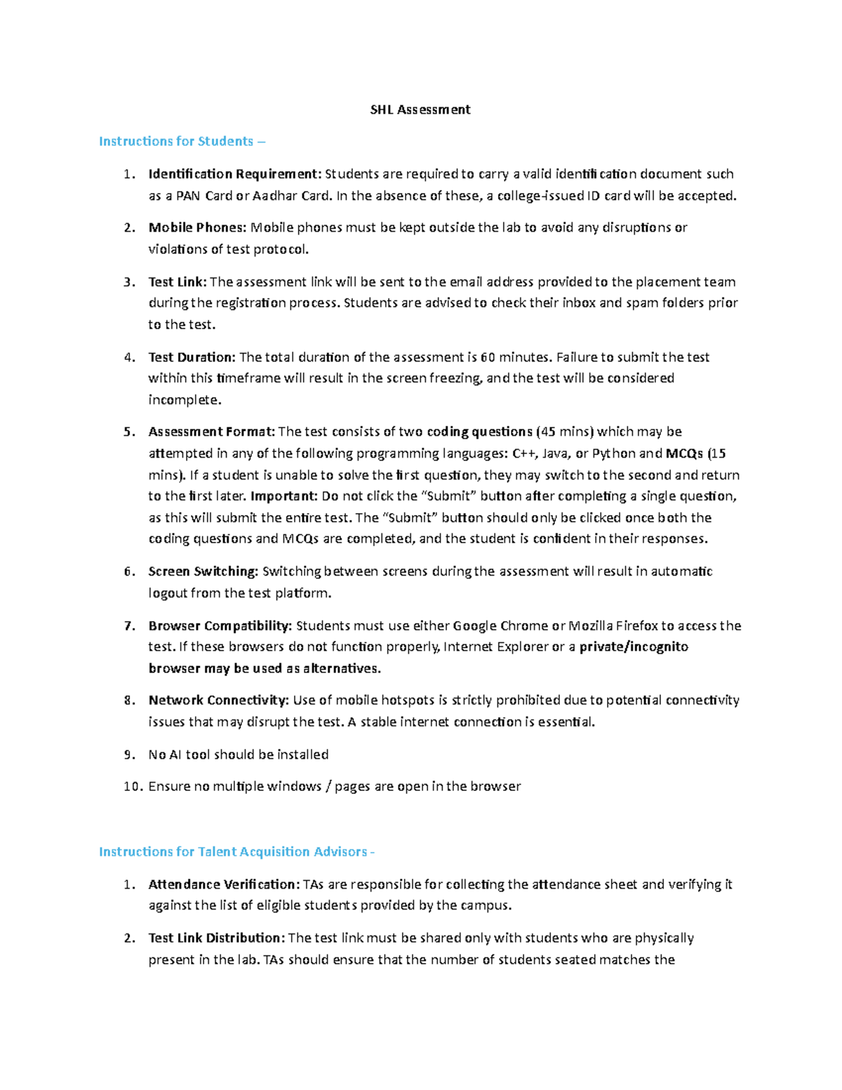 SHL Assessment Instructions for Students: Guidelines & Requirements ...