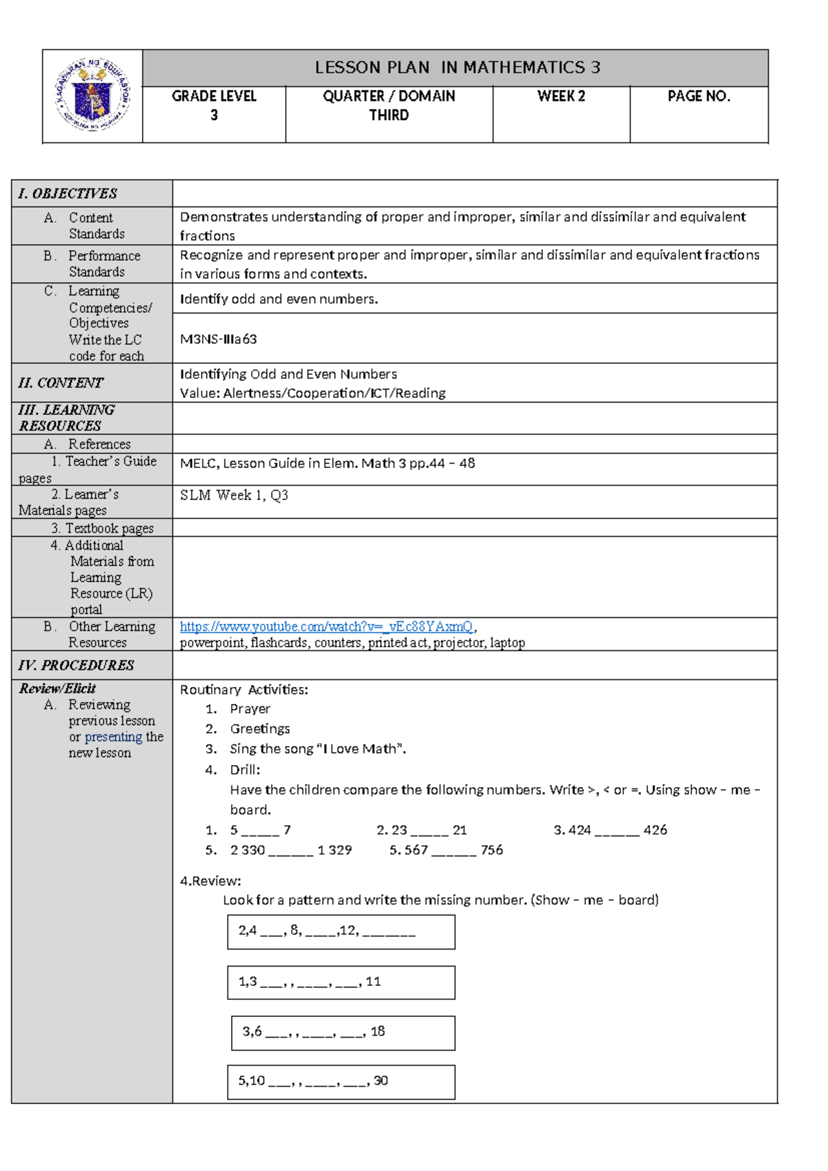 Lesson Plan for Mathematics 3: Quarter 3, Week 2 Activities - Studocu