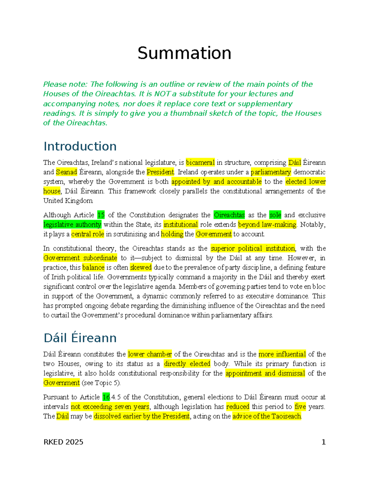 Houses of the Oireachtas Summary: Key Points and Insights - Studocu