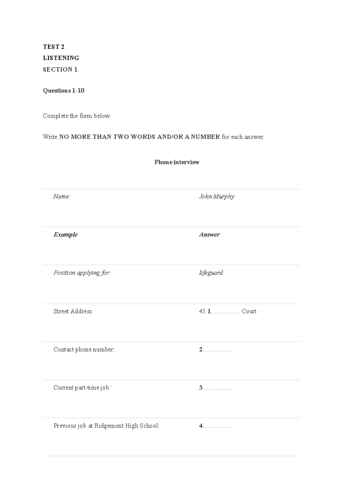 Test 2 - Listening Section 1 & 2 Questions and Answers - Studocu