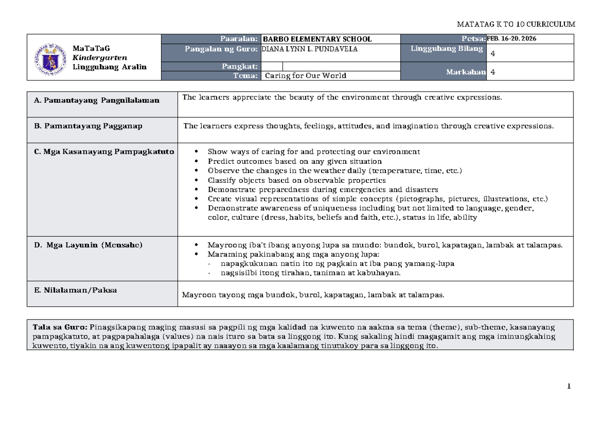 DTC DLL Kindergarten Q4 W4: Caring for Our World Lesson Plan - Studocu