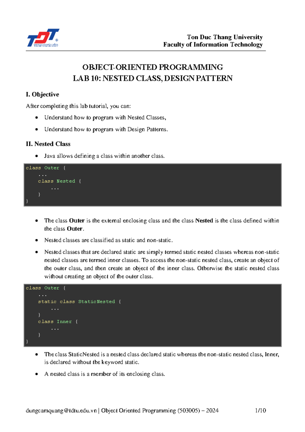 Object Oriented Programming (503005) Lab 10: Nested Classes & Design ...