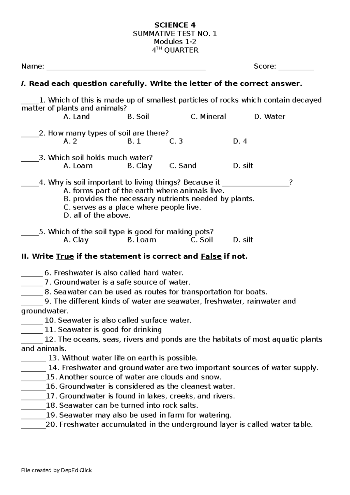 SCI4 ST1 Q4 - Test Questions - SCIENCE 4 SUMMATIVE TEST NO. 1 Modules 1 ...