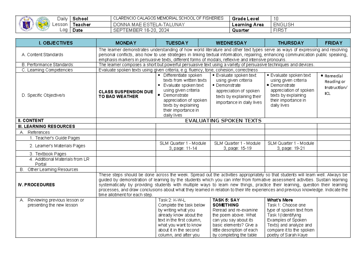 WEEK 8 - Lesson Plan, Quarter 1, Week 8 in English 10 - Daily Lesson ...