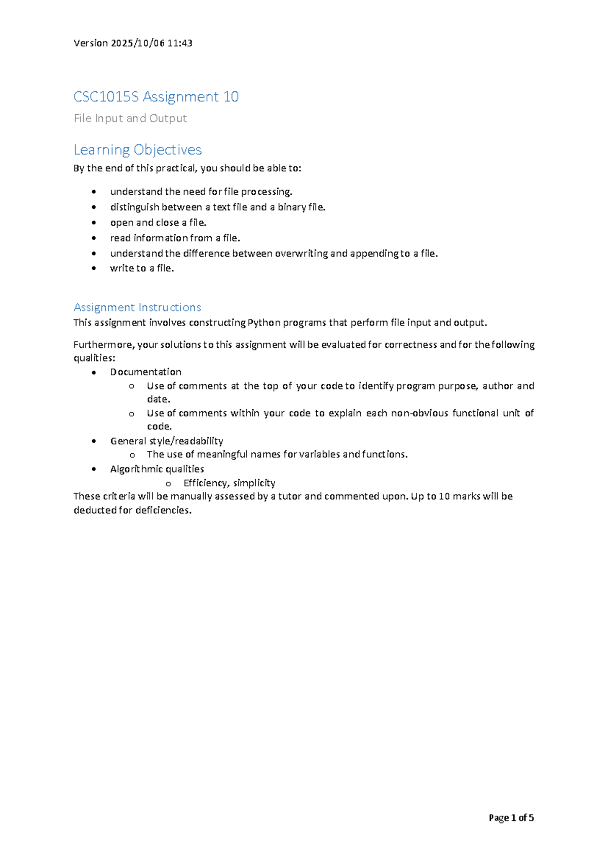 CSC1015S Assignment 10: File Input and Output in Python - Studocu