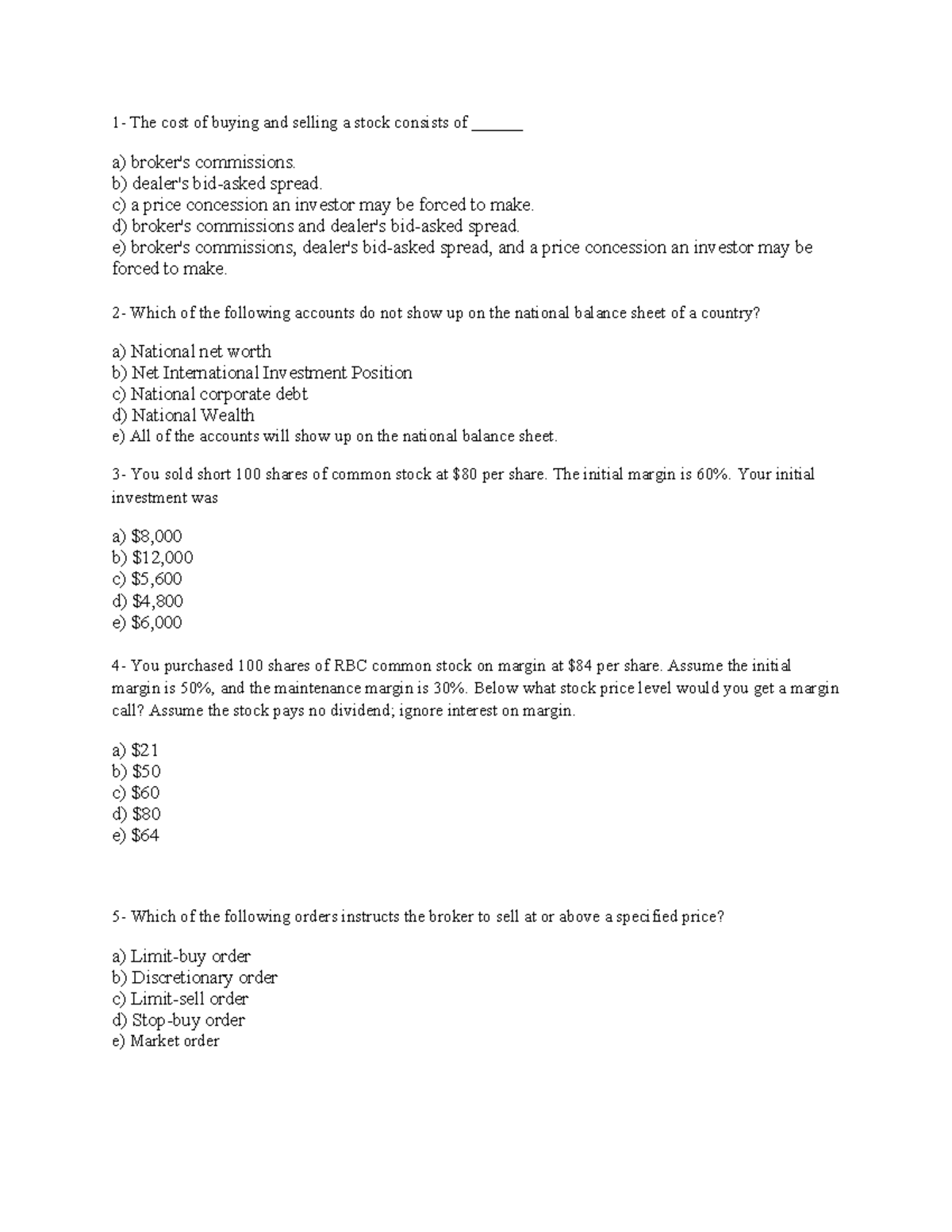 Sample final questions for finance course (FIN 101) - Studocu