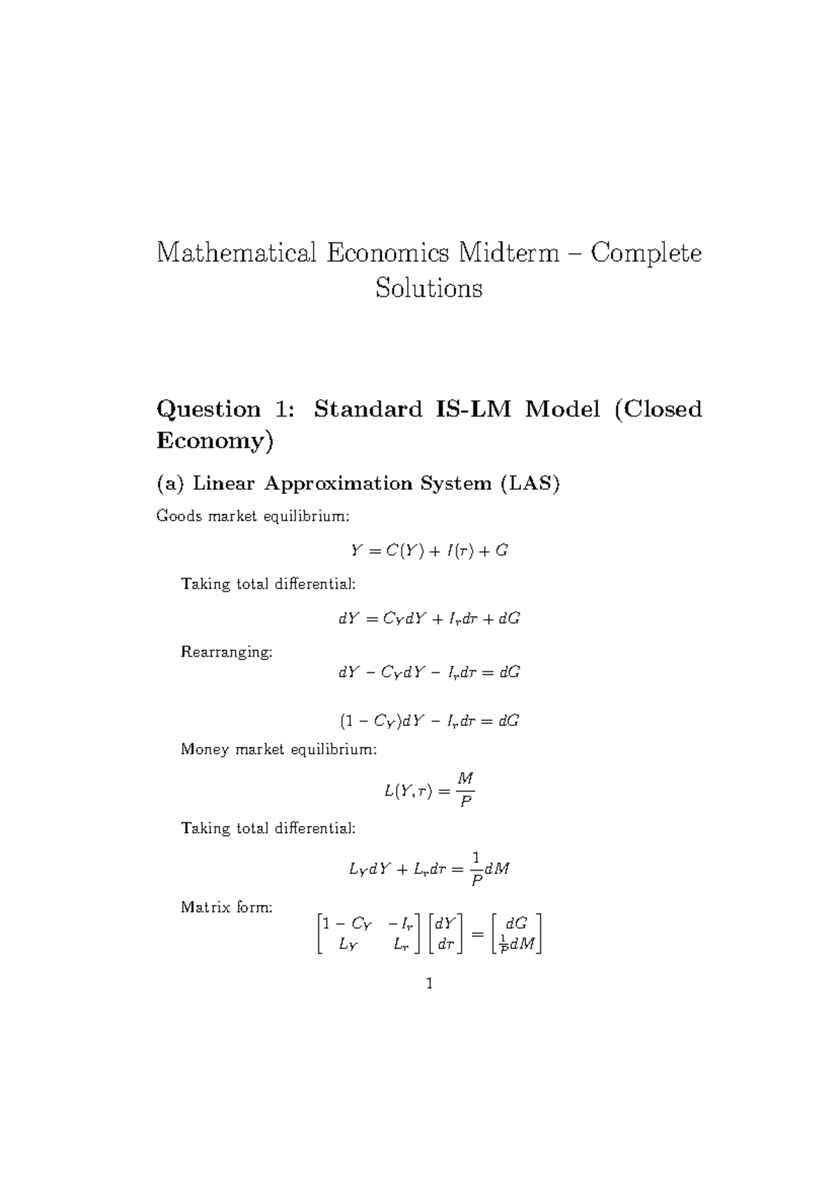 Math Econ Midterm Complete Solutions: Standard Model & Capital Mobility ...