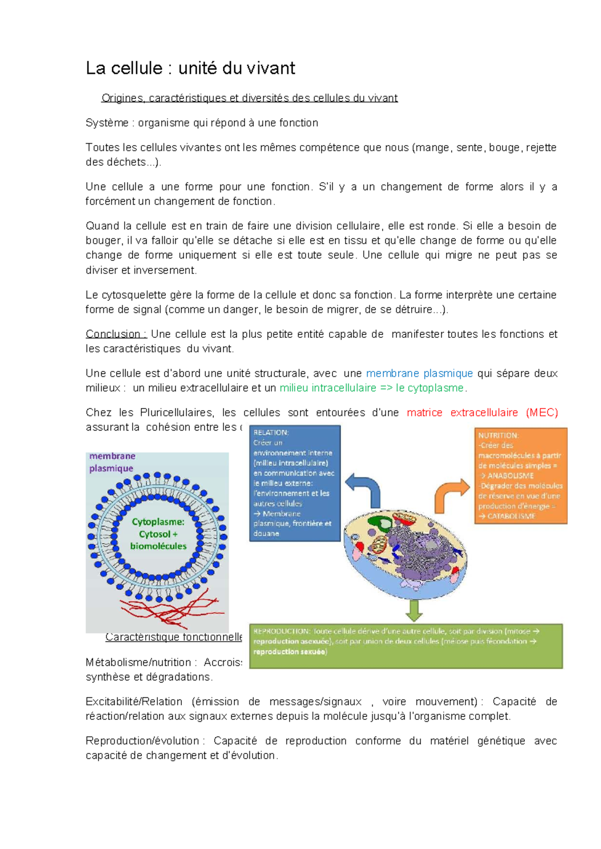 CM Bio Cellulaire 1 : Notes de Cours sur la Cellule et ses Fonctions ...
