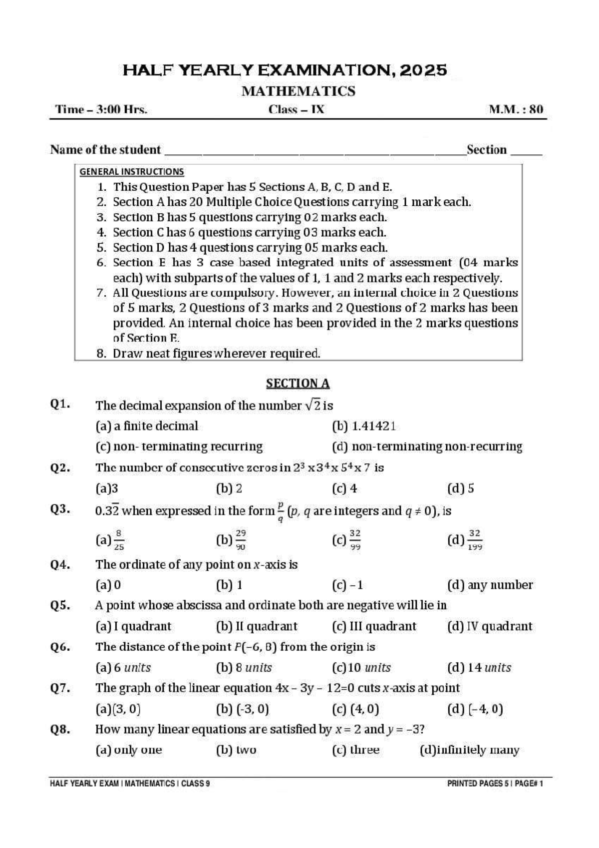 HALF YEARLY EXAM I MATHEMATICS 2025 CLASS IX - Studocu