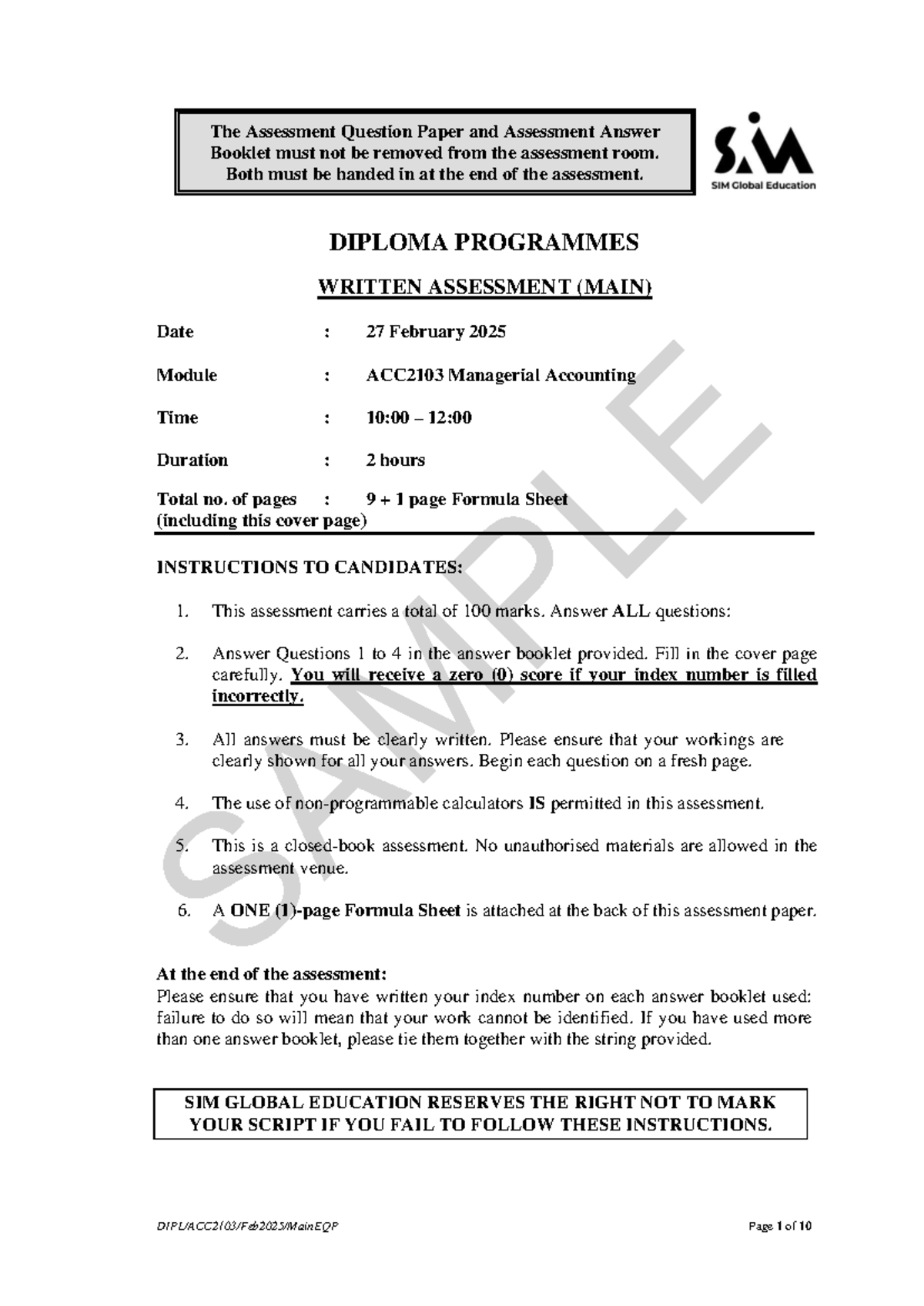 ACC2103 Managerial Accounting Written Assessment - February 2025 - Studocu