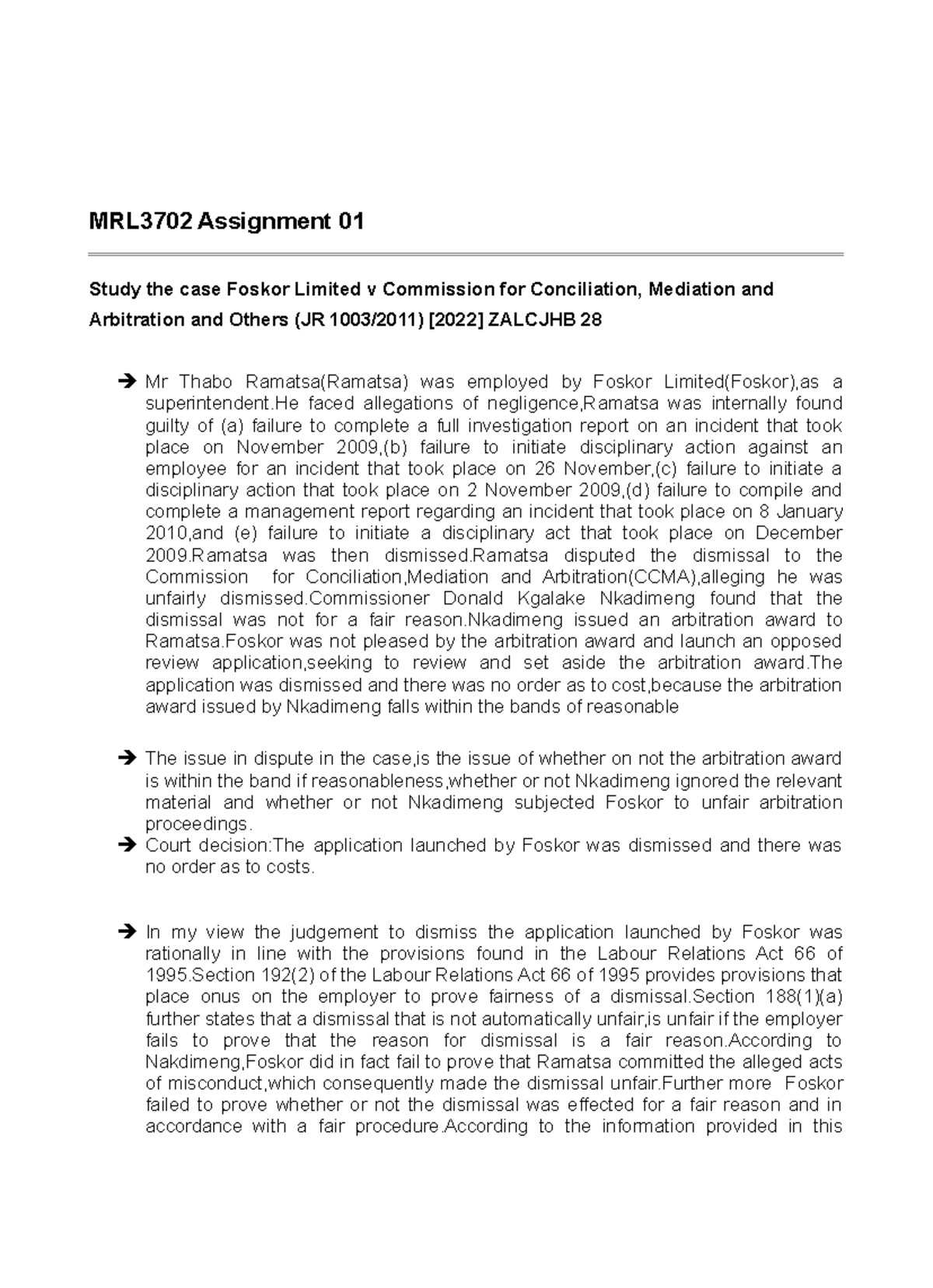 MRL3702 Assignment 01 - case summary - MRL3702 Assignment 01 Study the ...