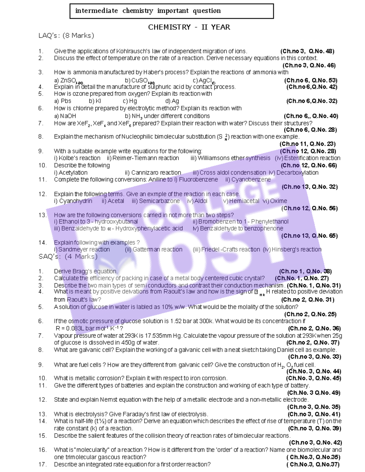 Intermediate Chemistry Important Questions (CHEM II Year) - Studocu