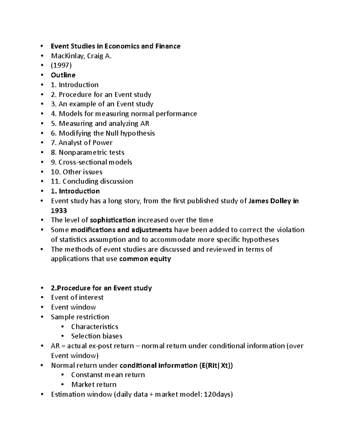Event Studies in Economics and Finance - (1997) Outline 1. Introduction ...