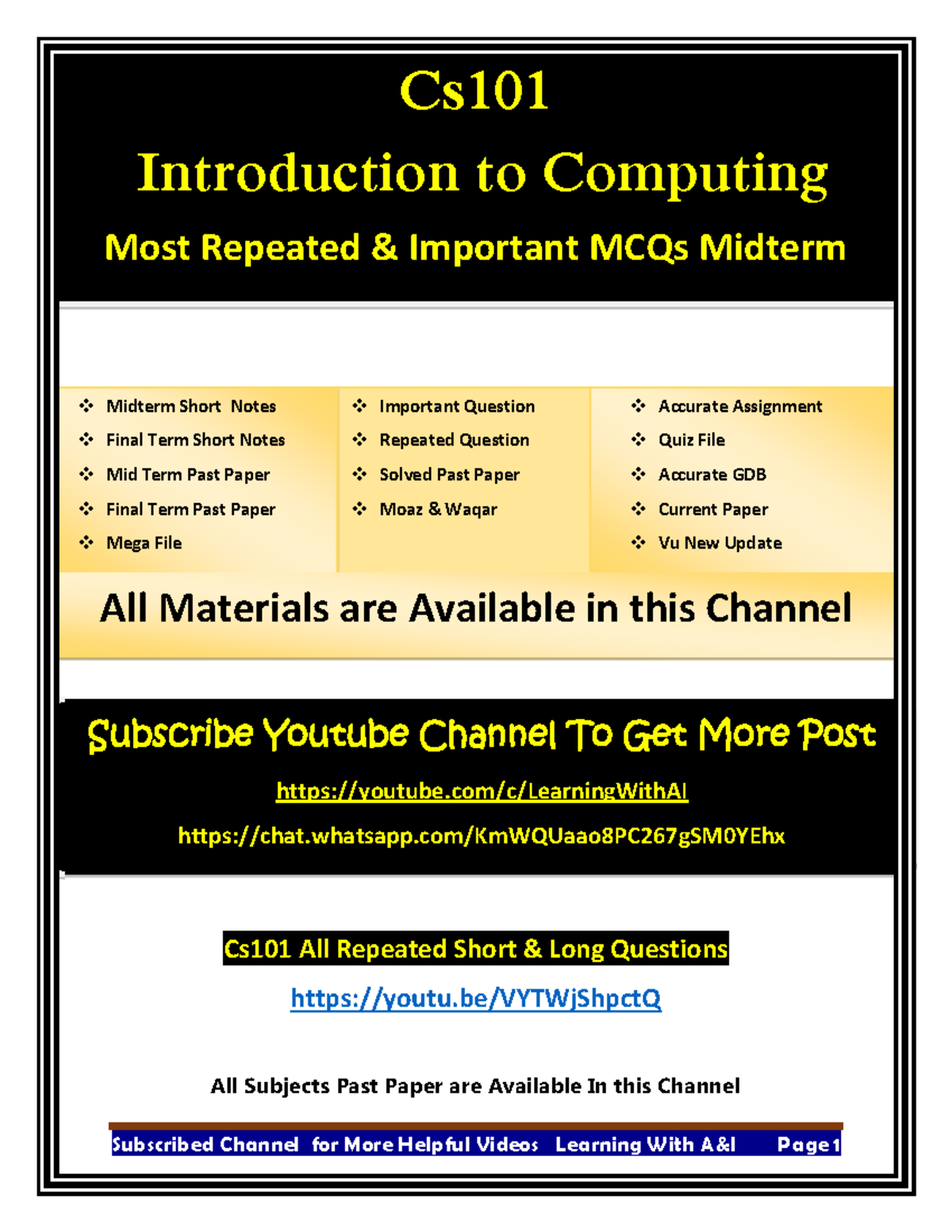 Cs101 Important MCQs for Midterm - Key Topics & Repeated Questions ...