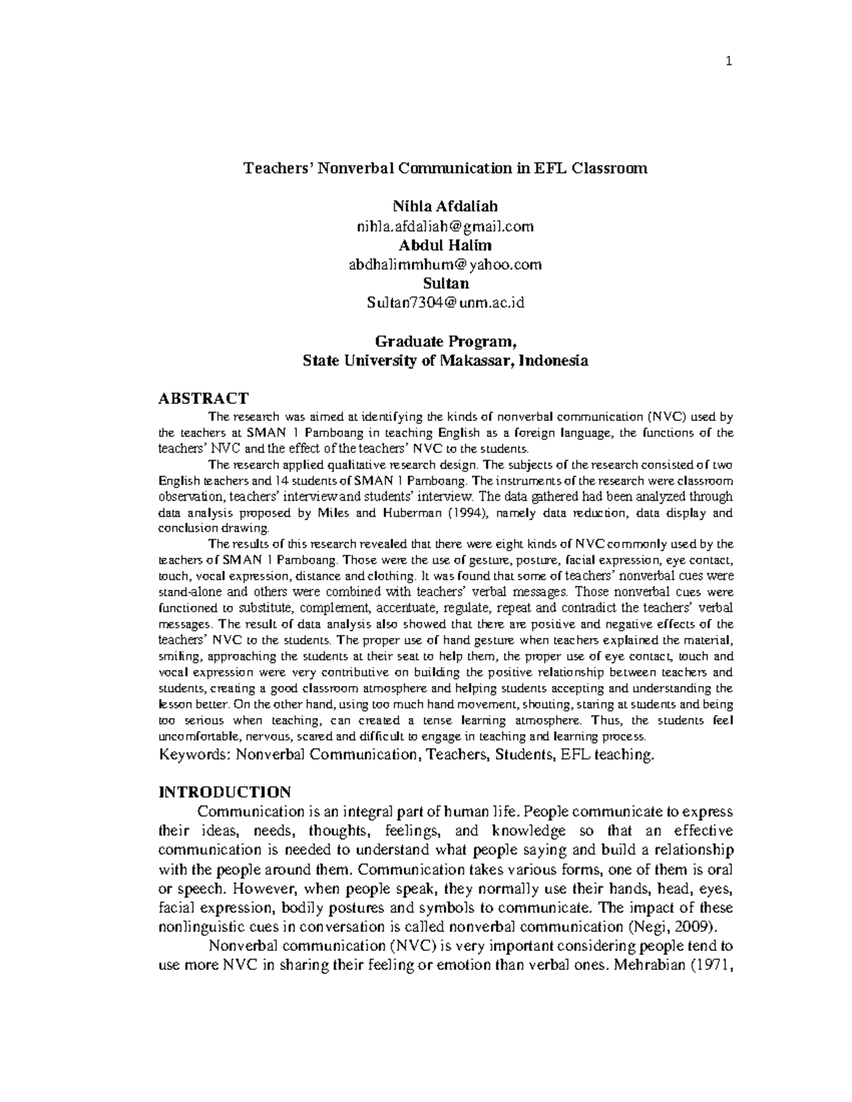 Nonverbal Communication in EFL Classrooms: A Study at SMAN 1 Pamboang ...