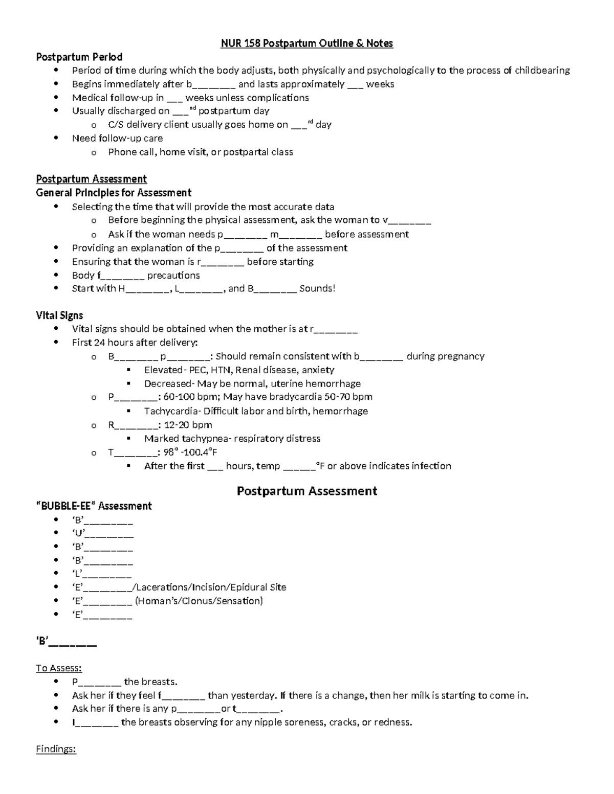 NUR 158 Postpartum Outline & Notes: Key Assessment Guidelines - Studocu