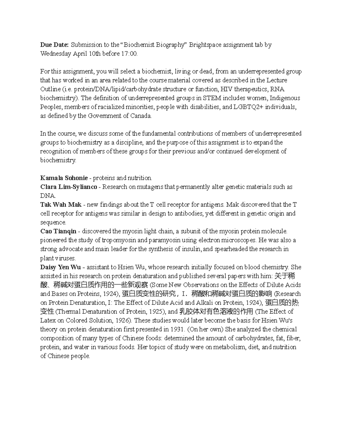 Biography Assignment - Due Date: Submission to the “Biochemist ...