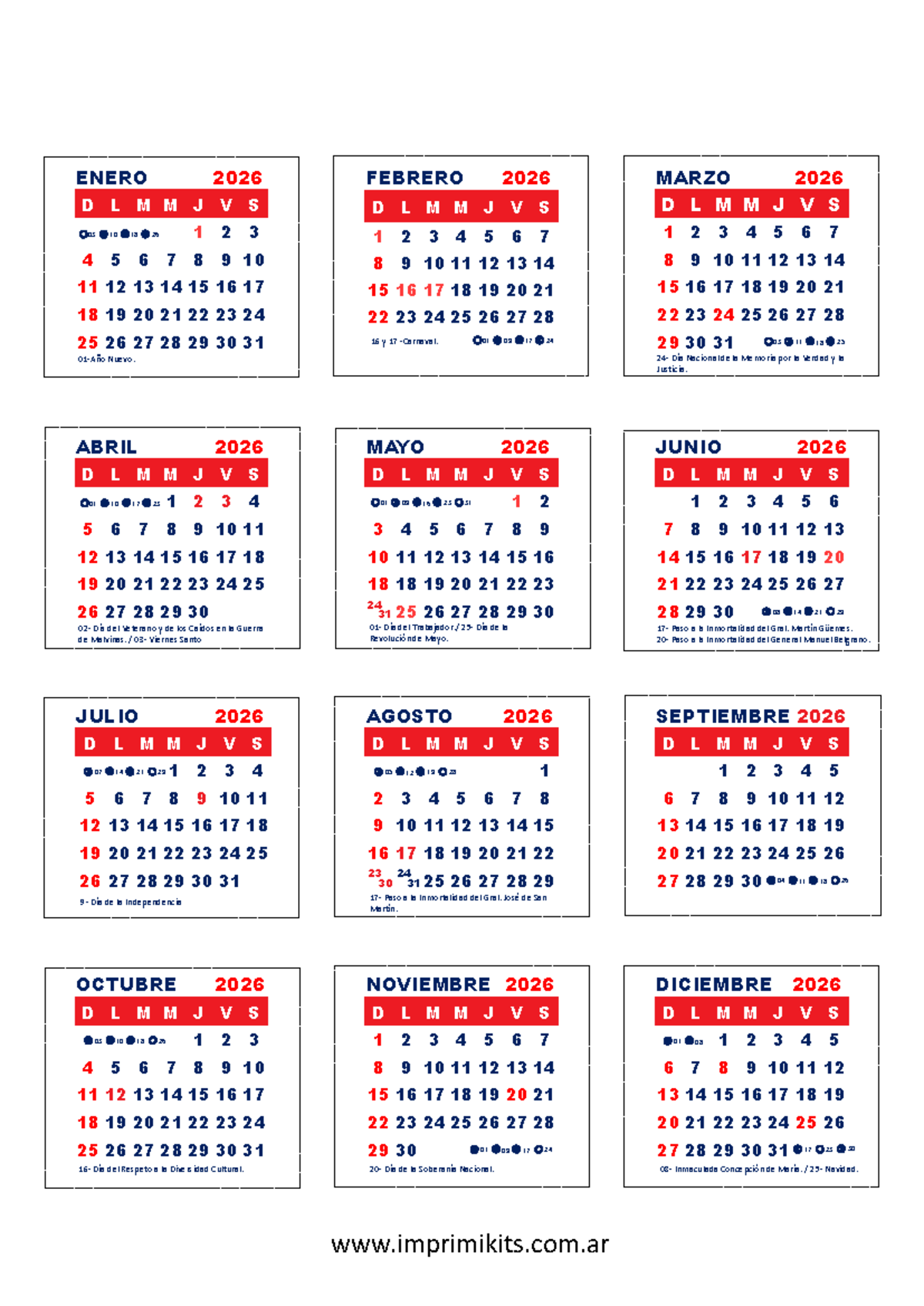Calendario Mignon 2026: Feriados en Argentina - Studocu