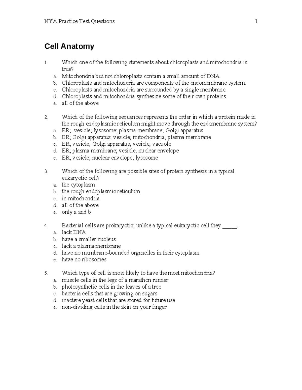 Bio NYA Practice Test Questions: Cell Anatomy Insights - Studocu