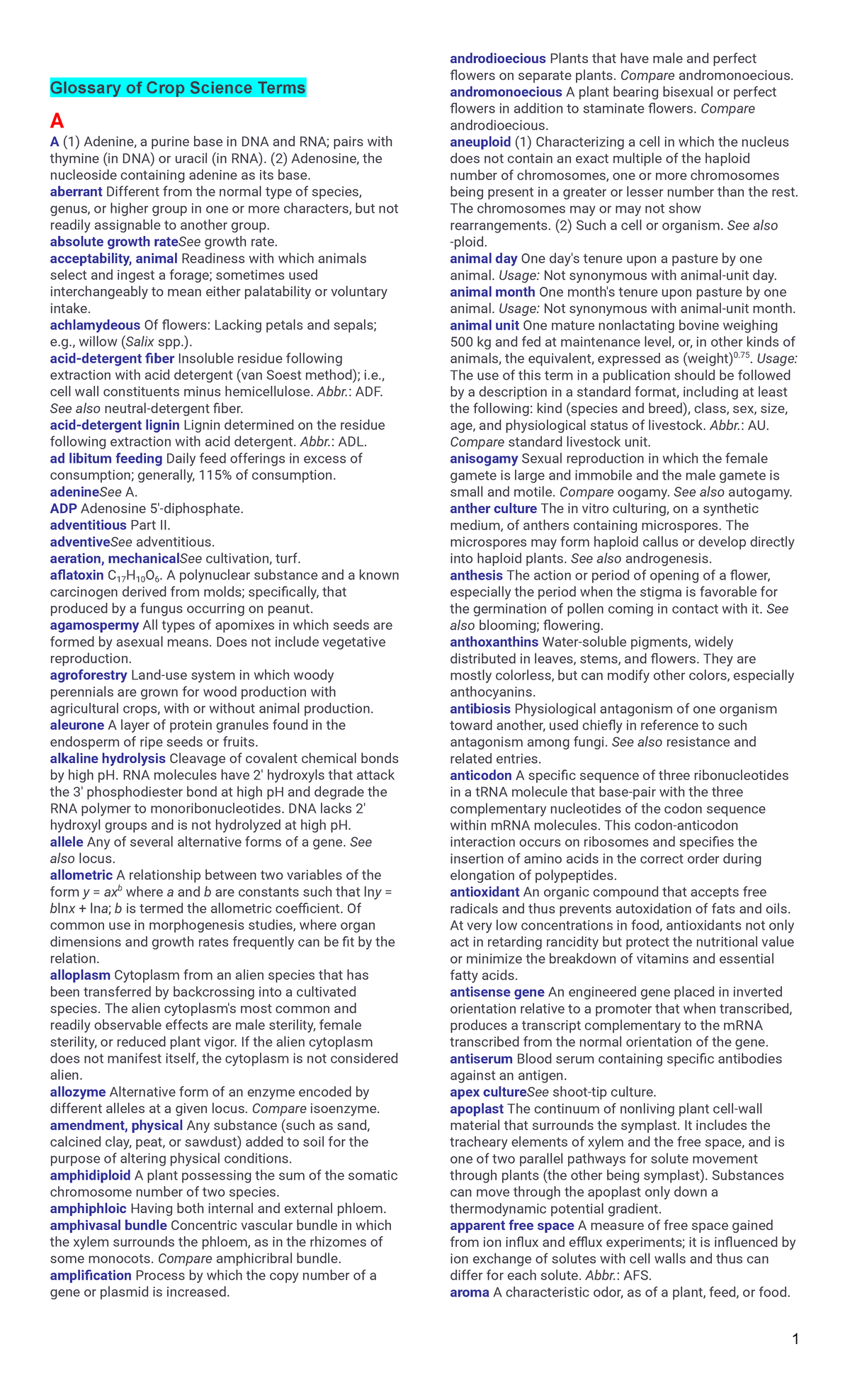 CROP 101: Glossary of Crop Science Terms and Definitions - Studocu