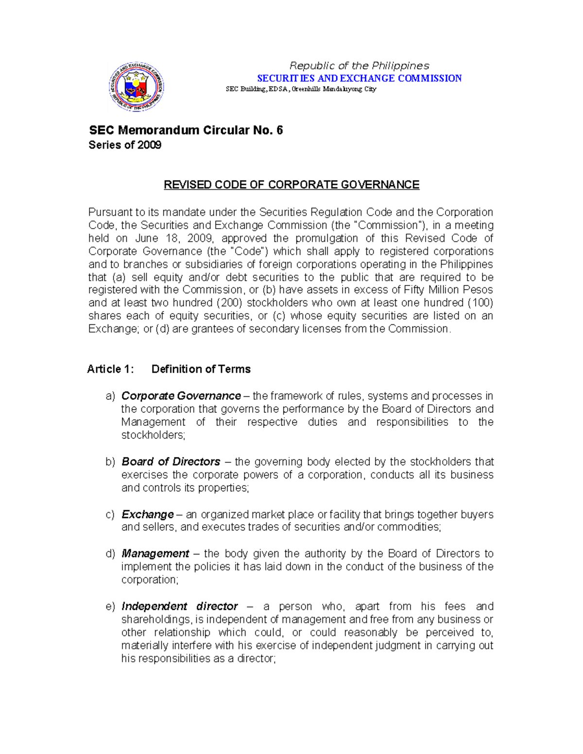 Revised Code of Corporate Governance - SEC M.C. No. 6 (2009) - Studocu