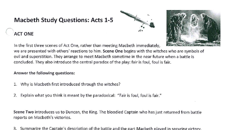 Macbeth (ENG 101) Study Guide Questions: Act One to Act Three - Studocu