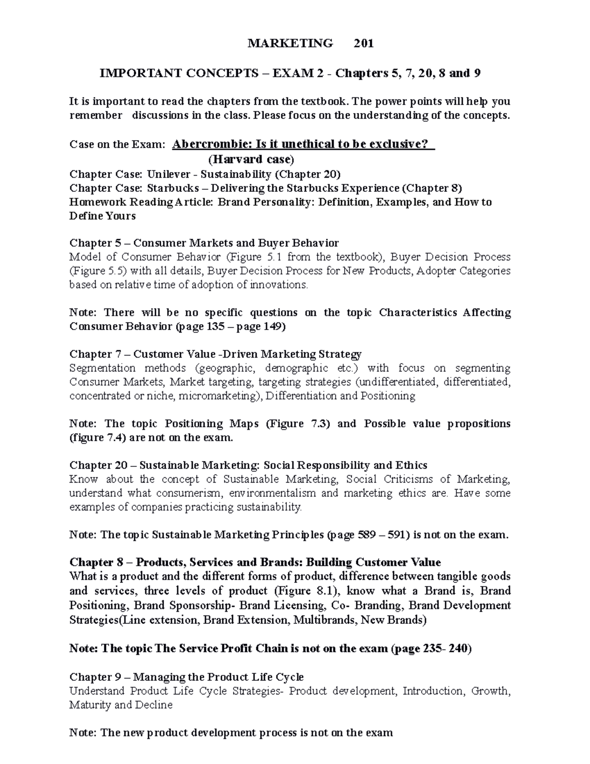 Study Guide for Exam 2 - 1231 - MARKETING 201 IMPORTANT CONCEPTS – EXAM ...
