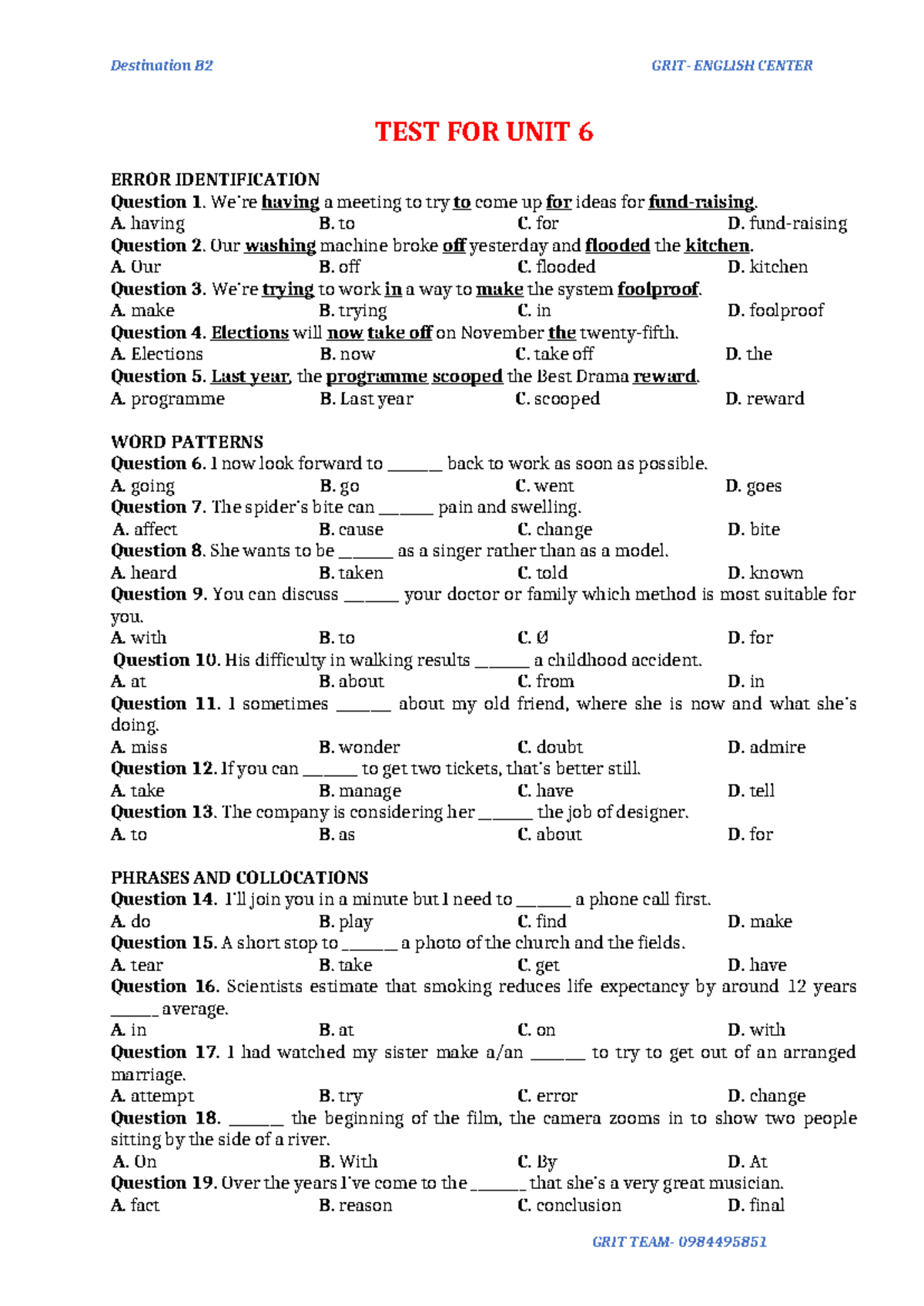 Destination B2 English Center Unit 6 Test: Error Identification & Key ...