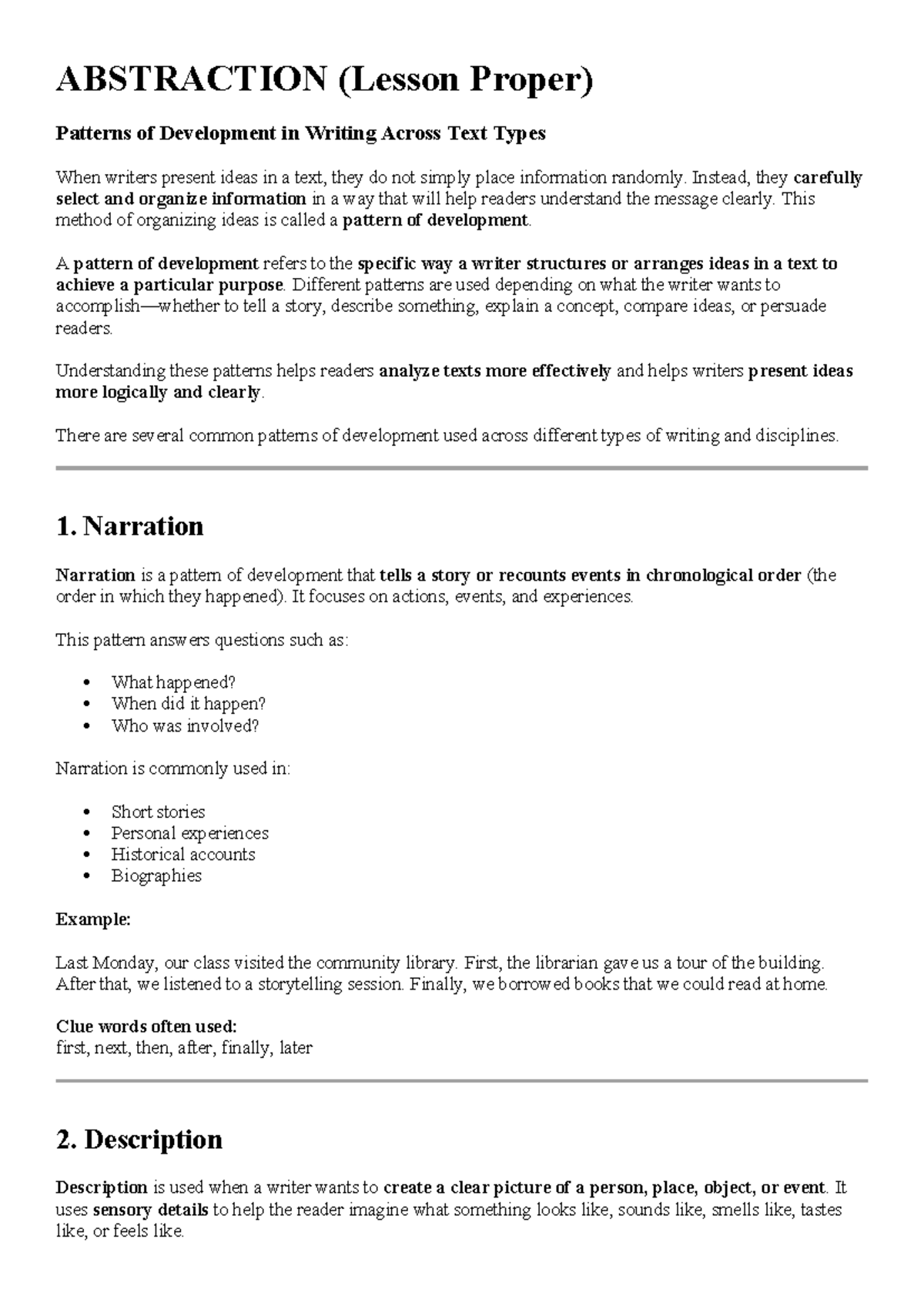 ABSTRACTION (Lesson Proper): Patterns of Development in Writing - Studocu