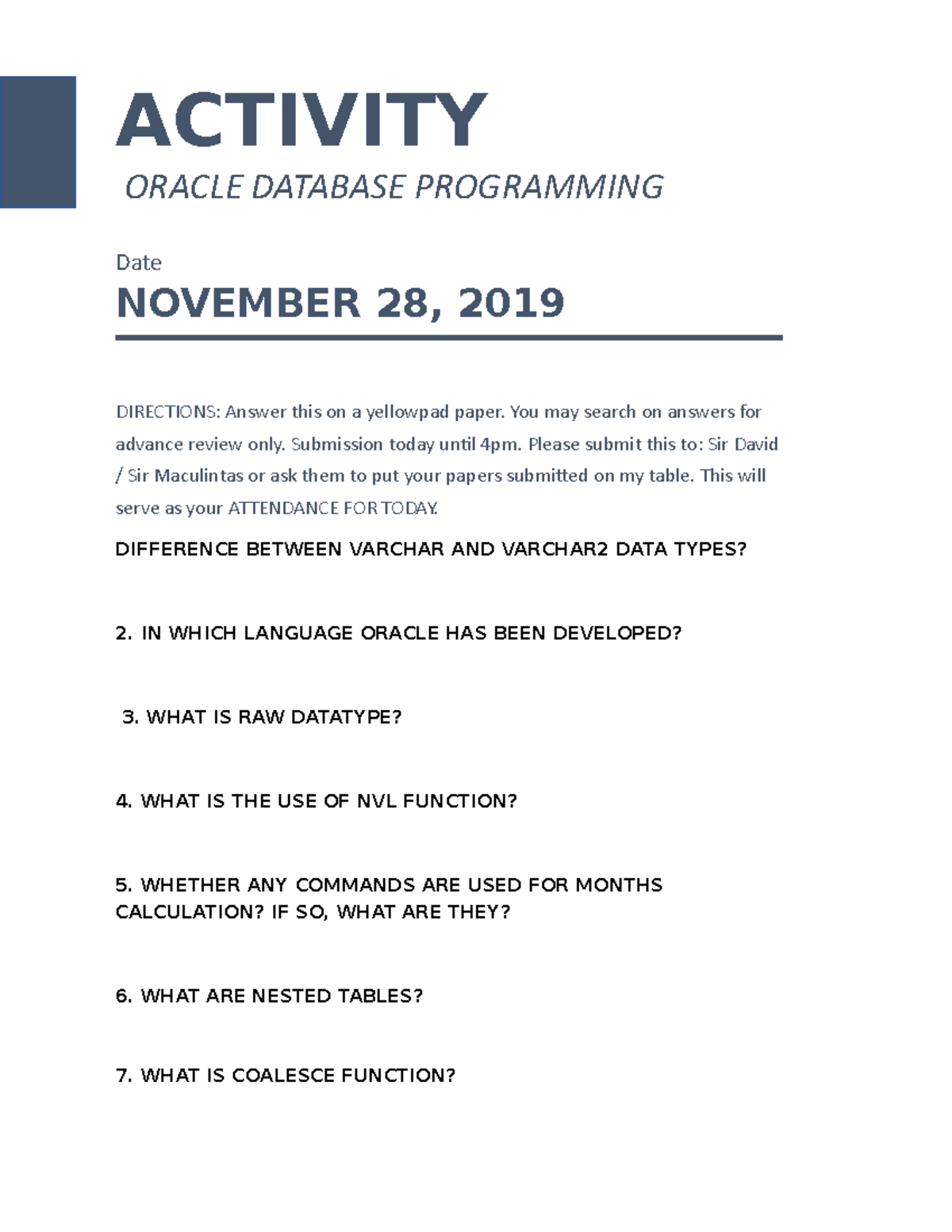Oracle Database Programming Activity - Review for Submission - Studocu