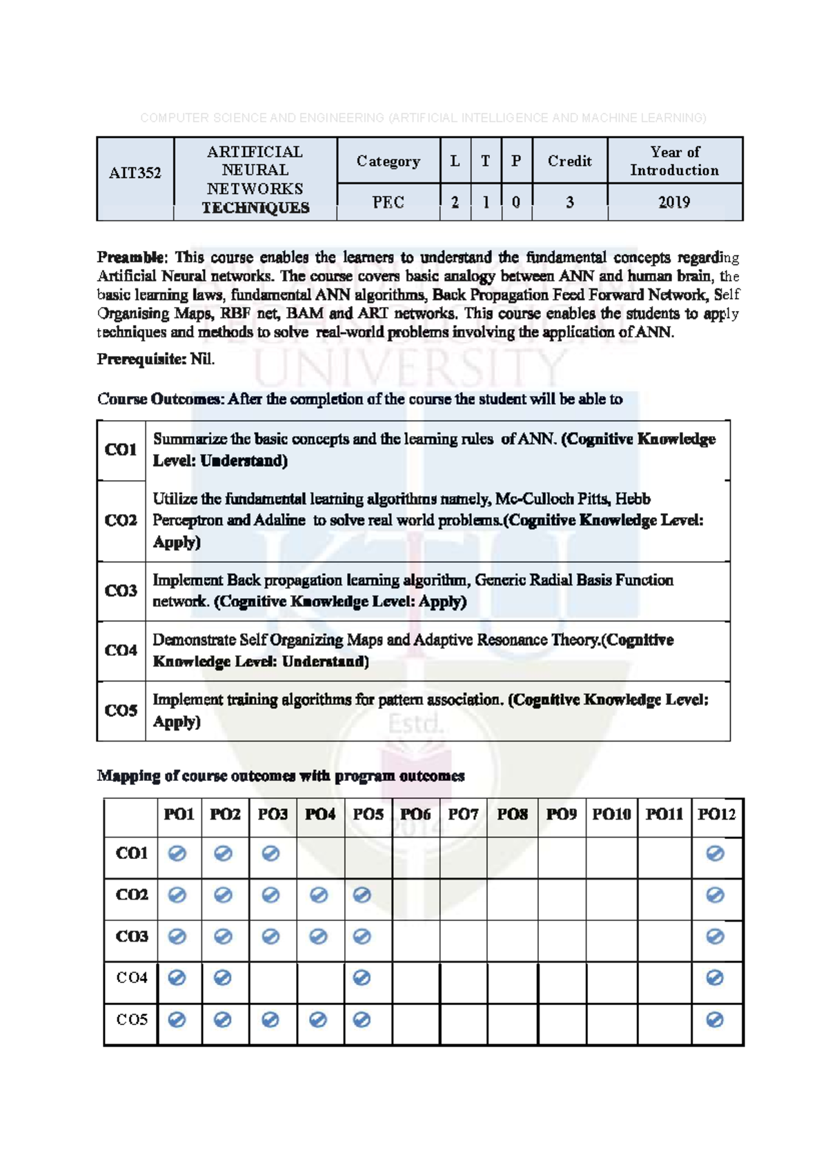 AIT352 Artificial Neural Networks Techniques Syllabus Overview - Studocu