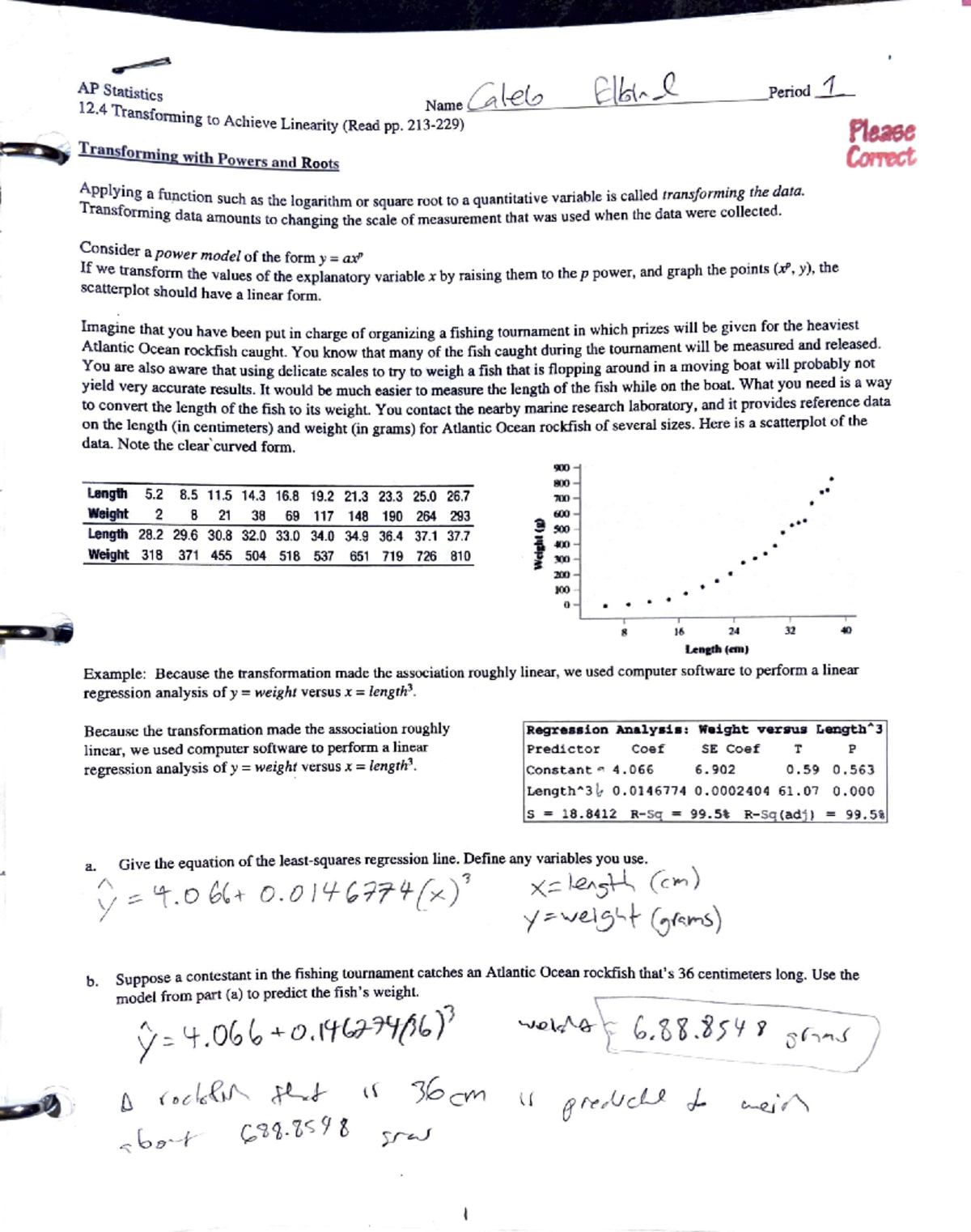 12 - AP Statistics 1 Homework Set on Data Transformation & Regression ...