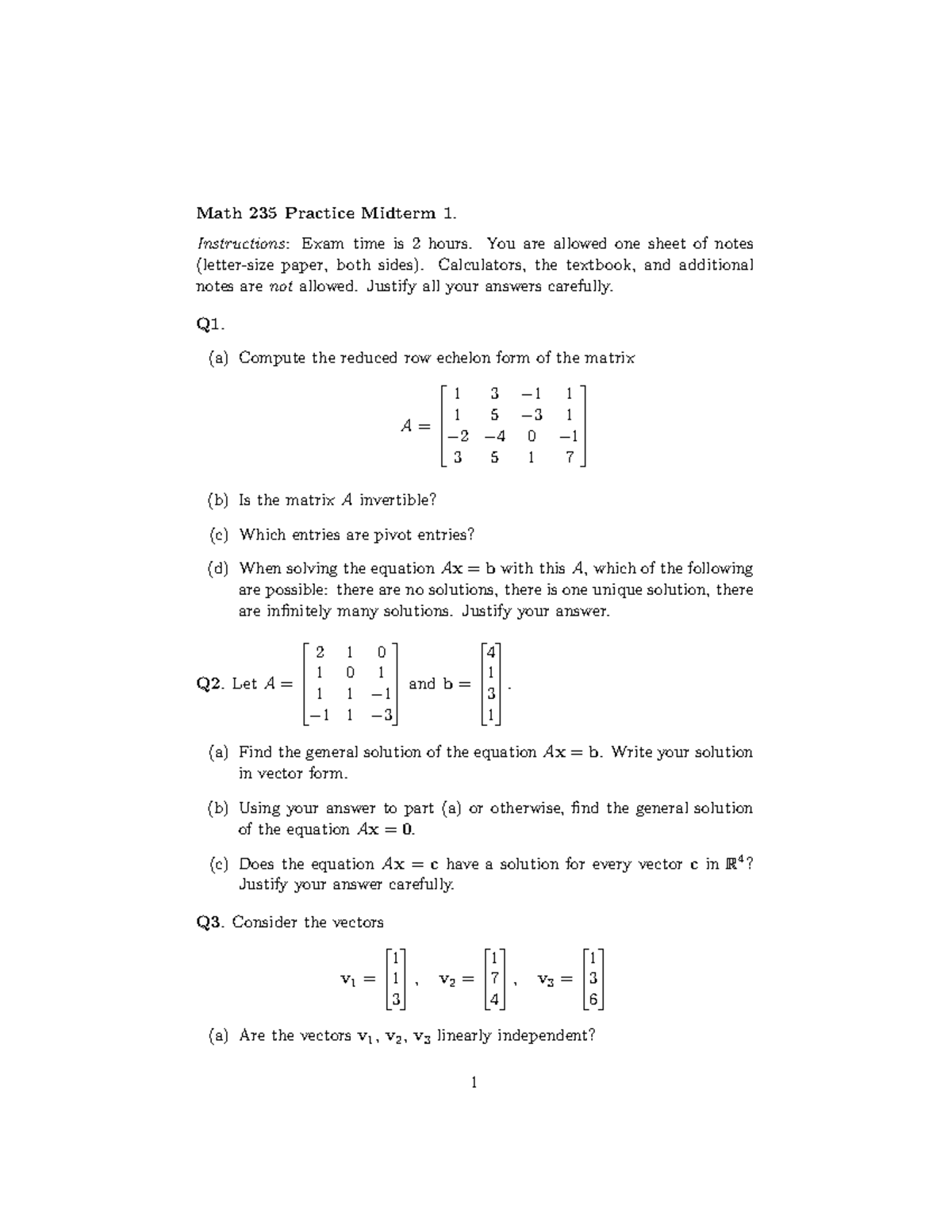 Math 235 Practice Midterm 1 Review and Solutions - Studocu