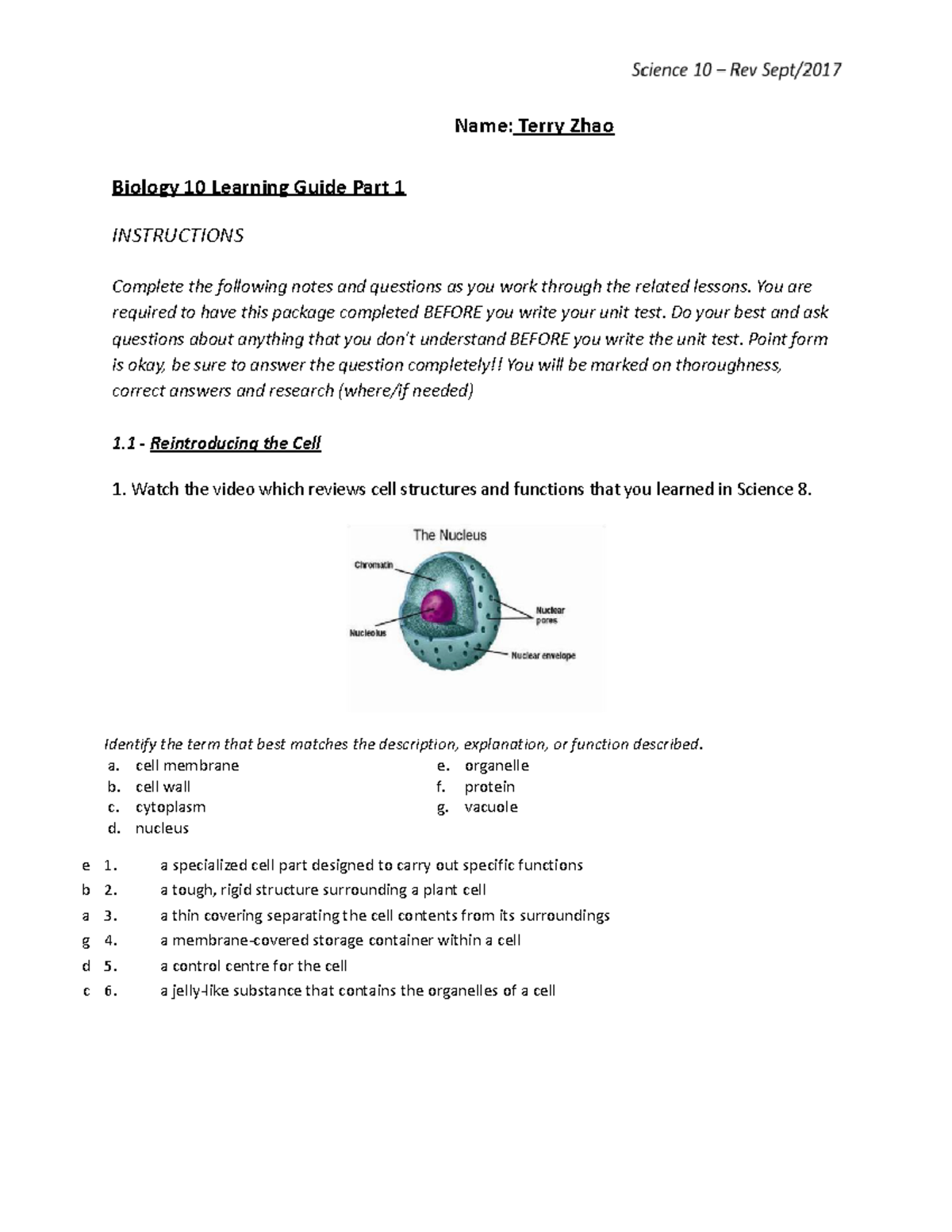 Biology 10 Learning Guide Part 1: Cell Structures & Functions - Studocu