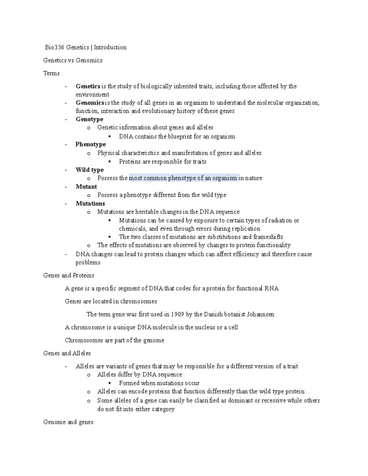 Bio336 Genetics - Lecture notes for Exam 1 - Bio336 Genetics ...