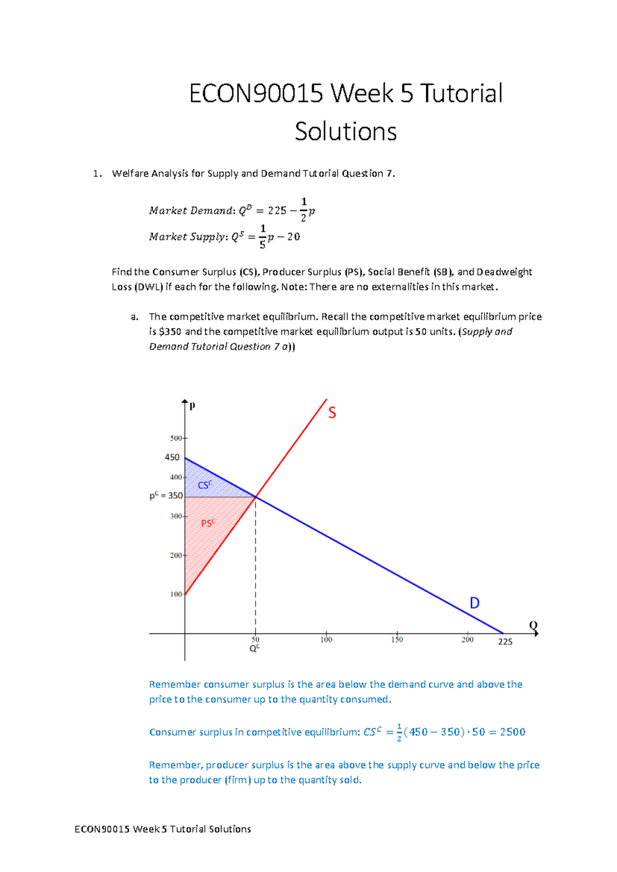 ECON90015 Week 5 Tutorial Solutions: Welfare Analysis of Supply ...