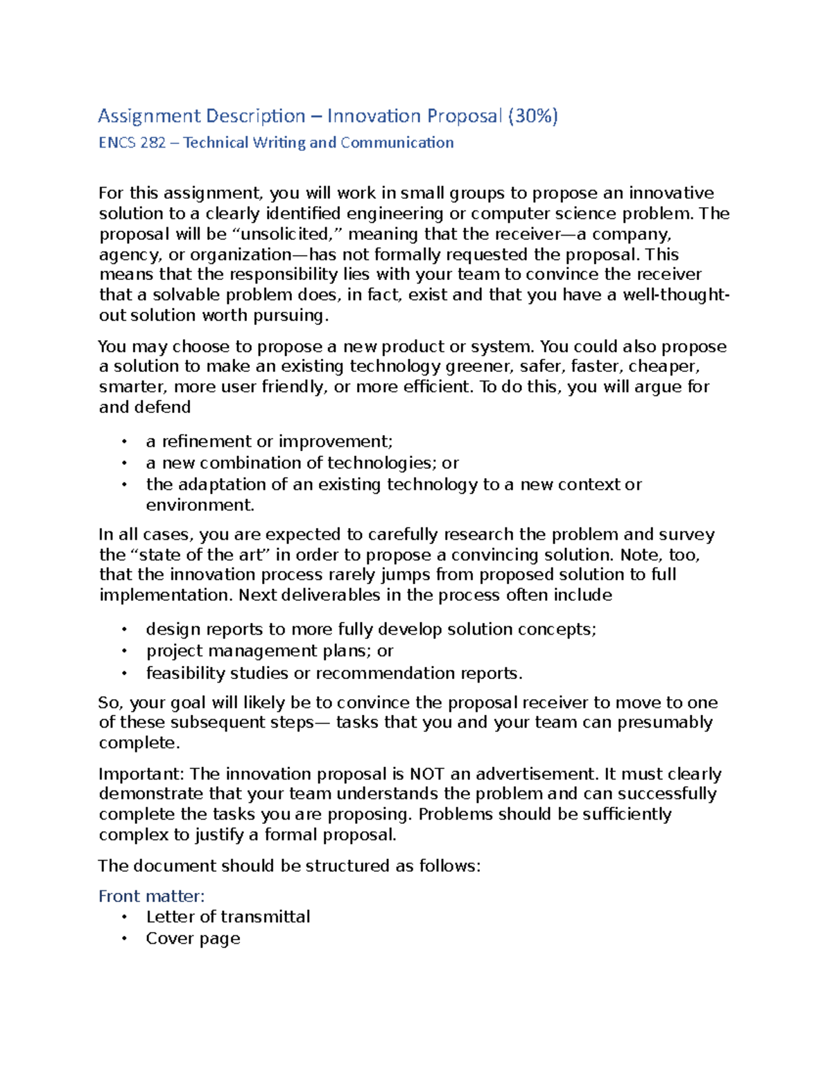ENCS 282 - Innovation Proposal Assignment Description (30% Weight ...