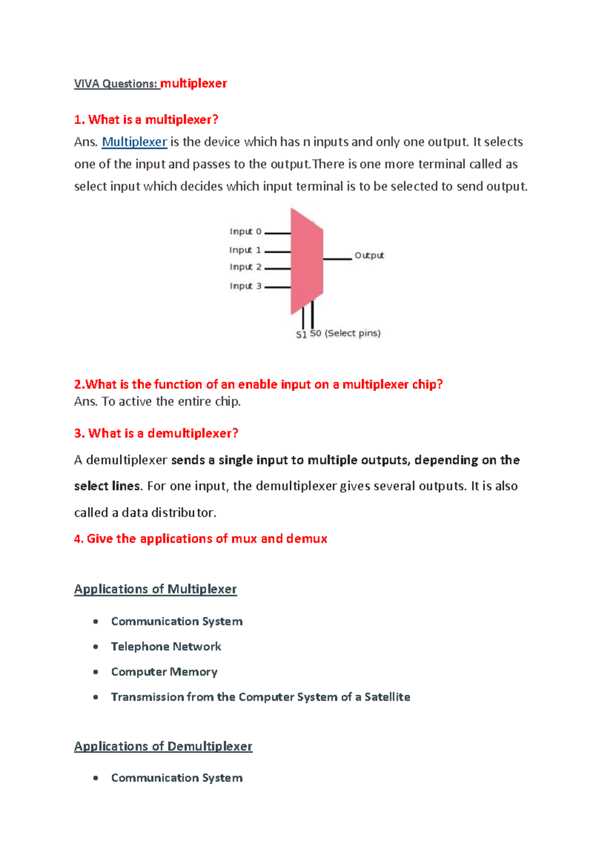 VIVA Questions on Multiplexers and Demultiplexers for EXP 6 - Studocu