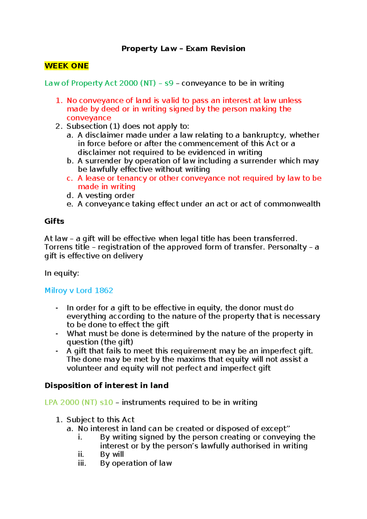 Property Law Exam Revision Notes - LPA 2000 (NT) Week 1-4 Insights ...