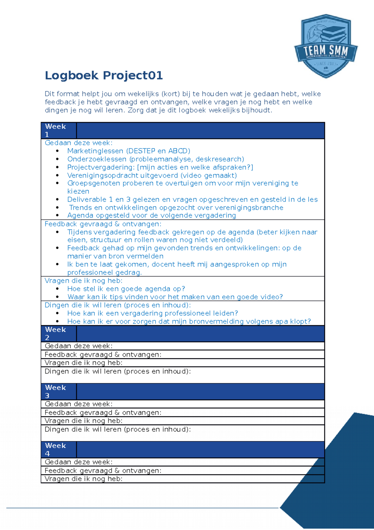 Logboek Project Template voor Wekelijkse Reflecties en Feedback ...