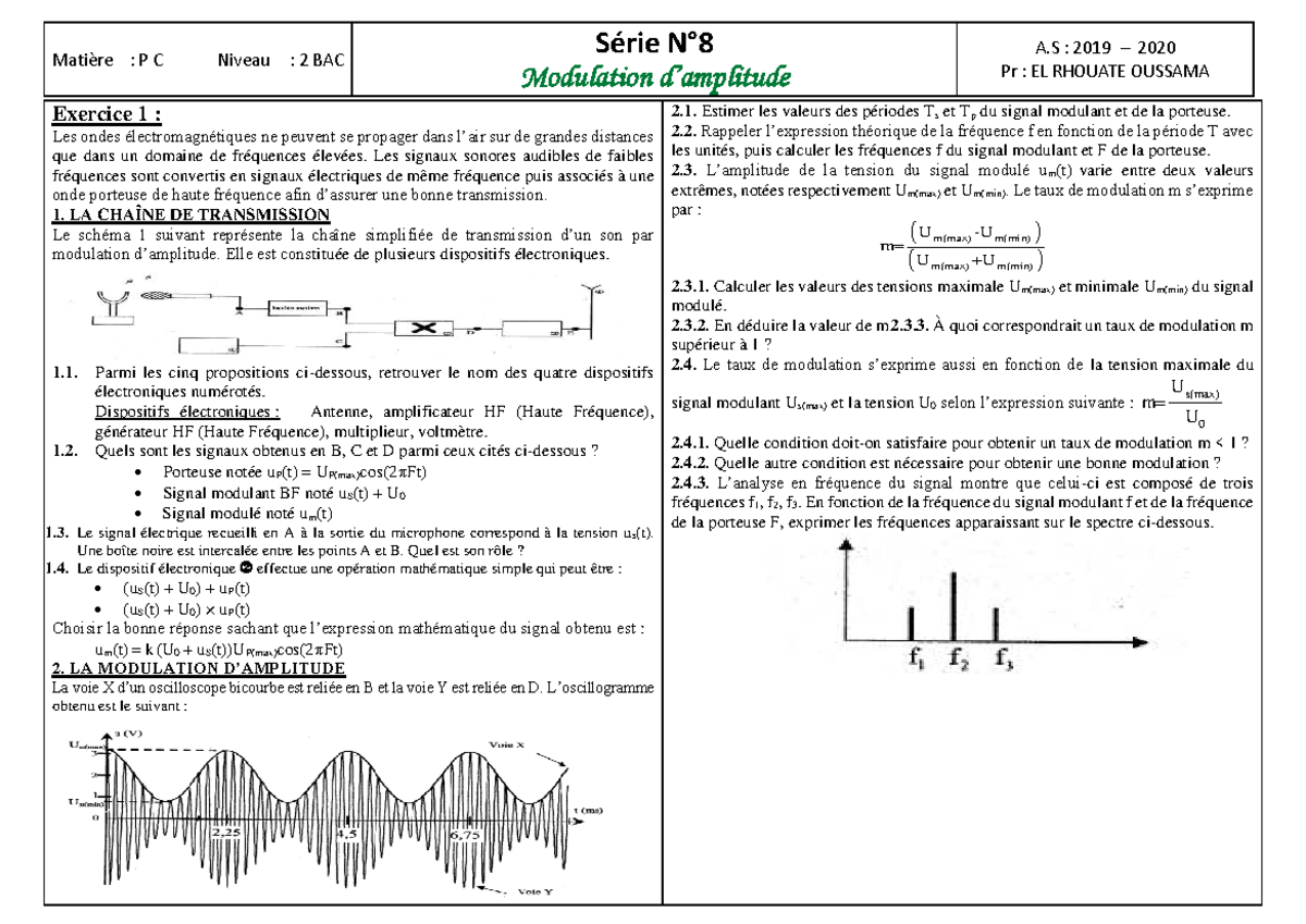 Exercices non corrigés sur la Modulation d'Amplitude - P C 2 BAC - Studocu