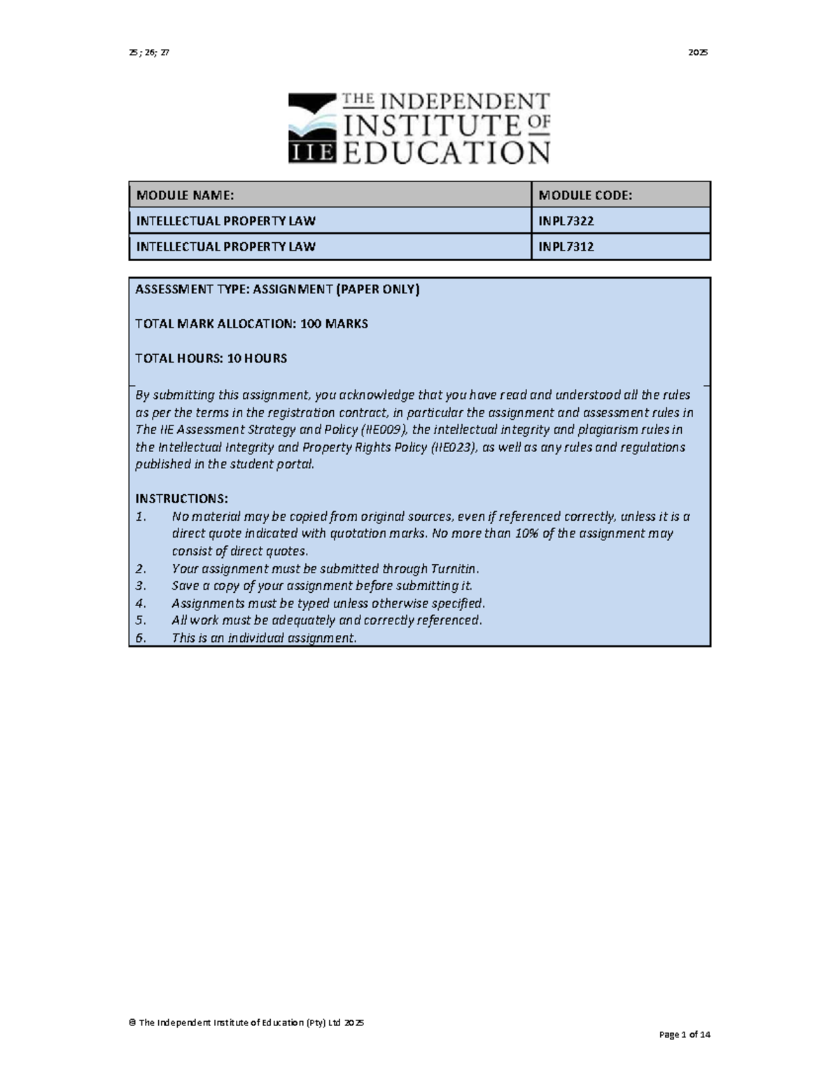 INPL7322 2025 Assignment: Legal Implications of AI in Intellectual ...