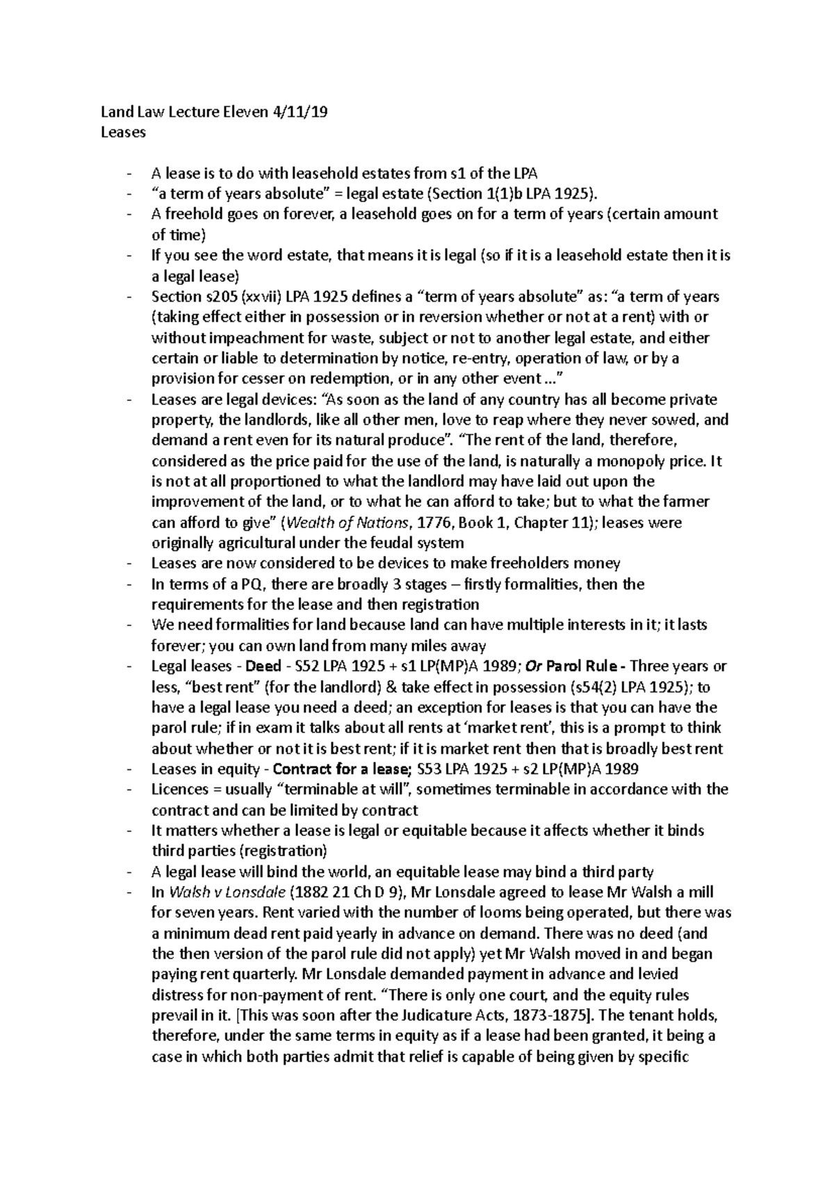 Land Law (LLB) Lecture on Leases: Key Concepts and Case Summaries - Studocu