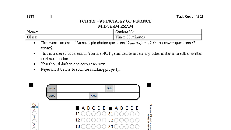 TCH 302 Principles of Finance Midterm Exam - Test Code: 4321 - Studocu