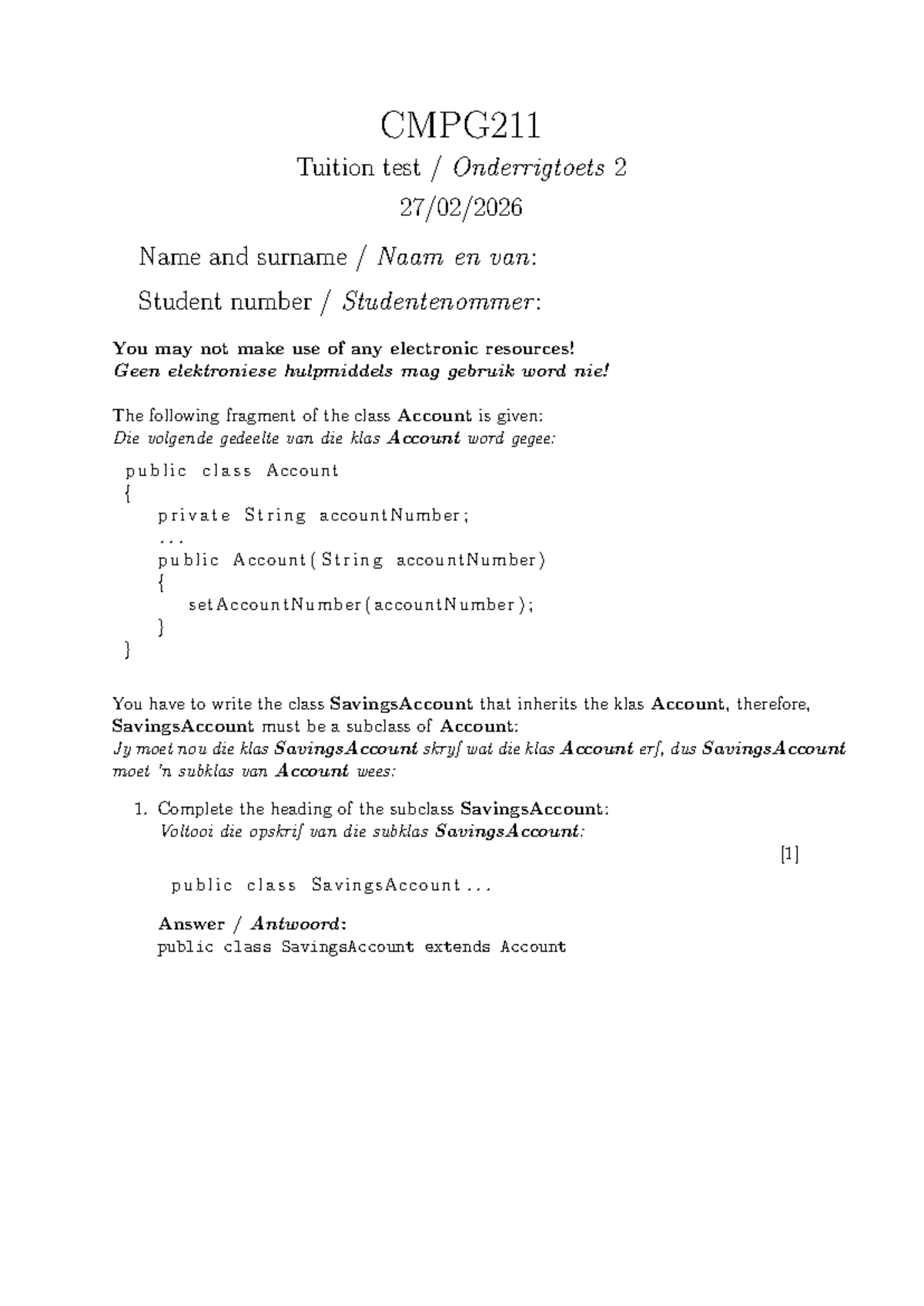 CMPG211 Tuition Test 2: SavingsAccount Class Implementation - Studocu