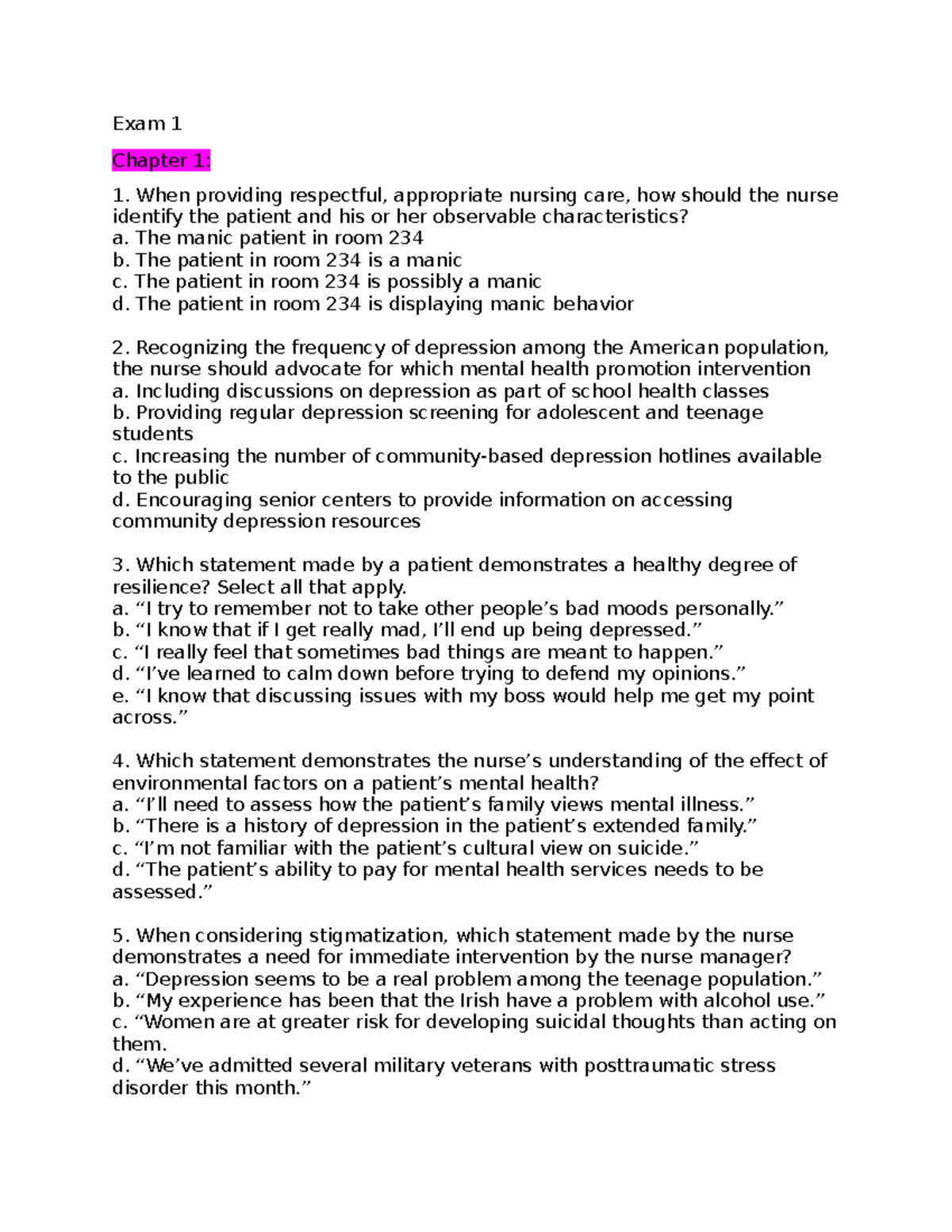 Exam 1: Mental Health Nursing Concepts and Interventions - Studocu
