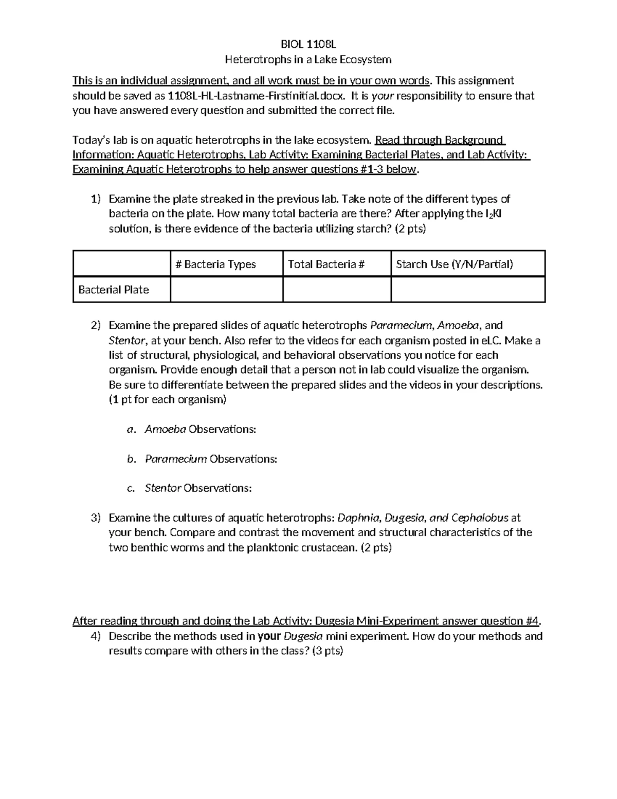 BIOL 1108L Lab Report: Autotrophs in Lake Ecosystem Analysis - Studocu