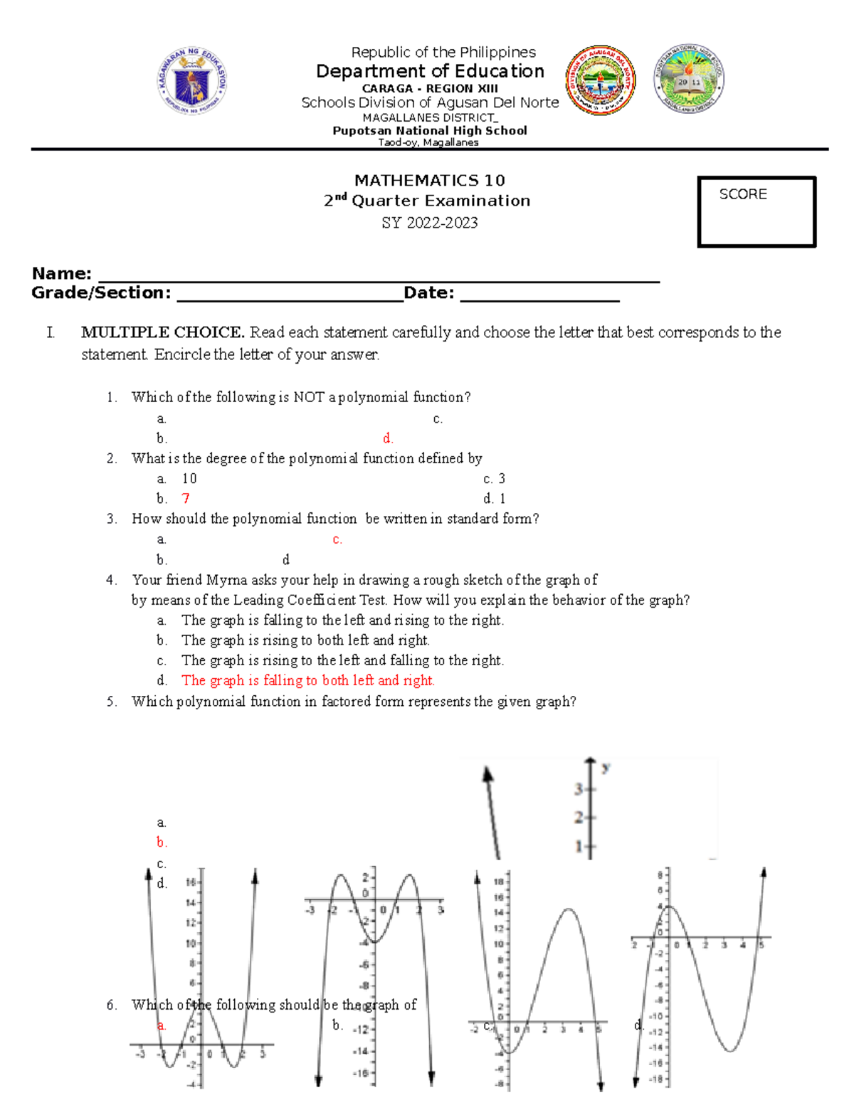 2nd Periodic Test - Math 10: Polynomial Functions & Graphing Concepts ...
