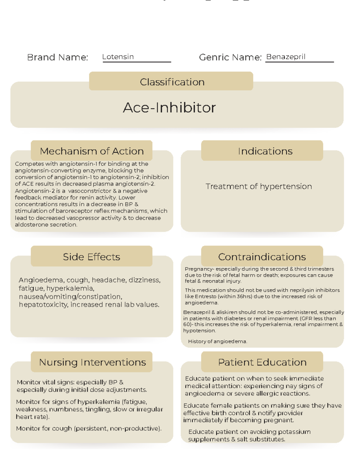 Benazepril Drug Card: Mechanism, Indications & Nursing Interventions ...