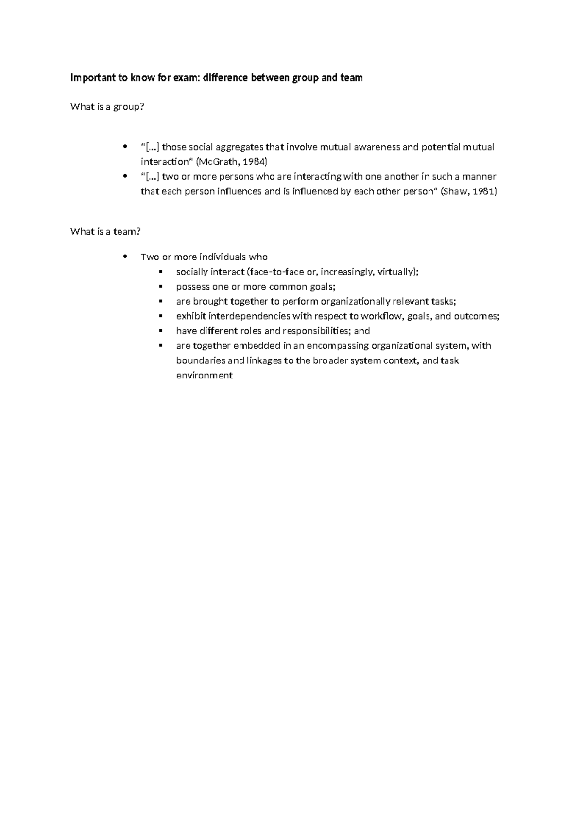Exam Notes: Key Differences Between Groups and Teams (Lecture 3 ...